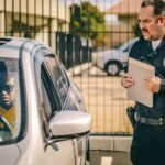 Police officer at car window issuing a ticket to a driver in a sunny outdoor setting.